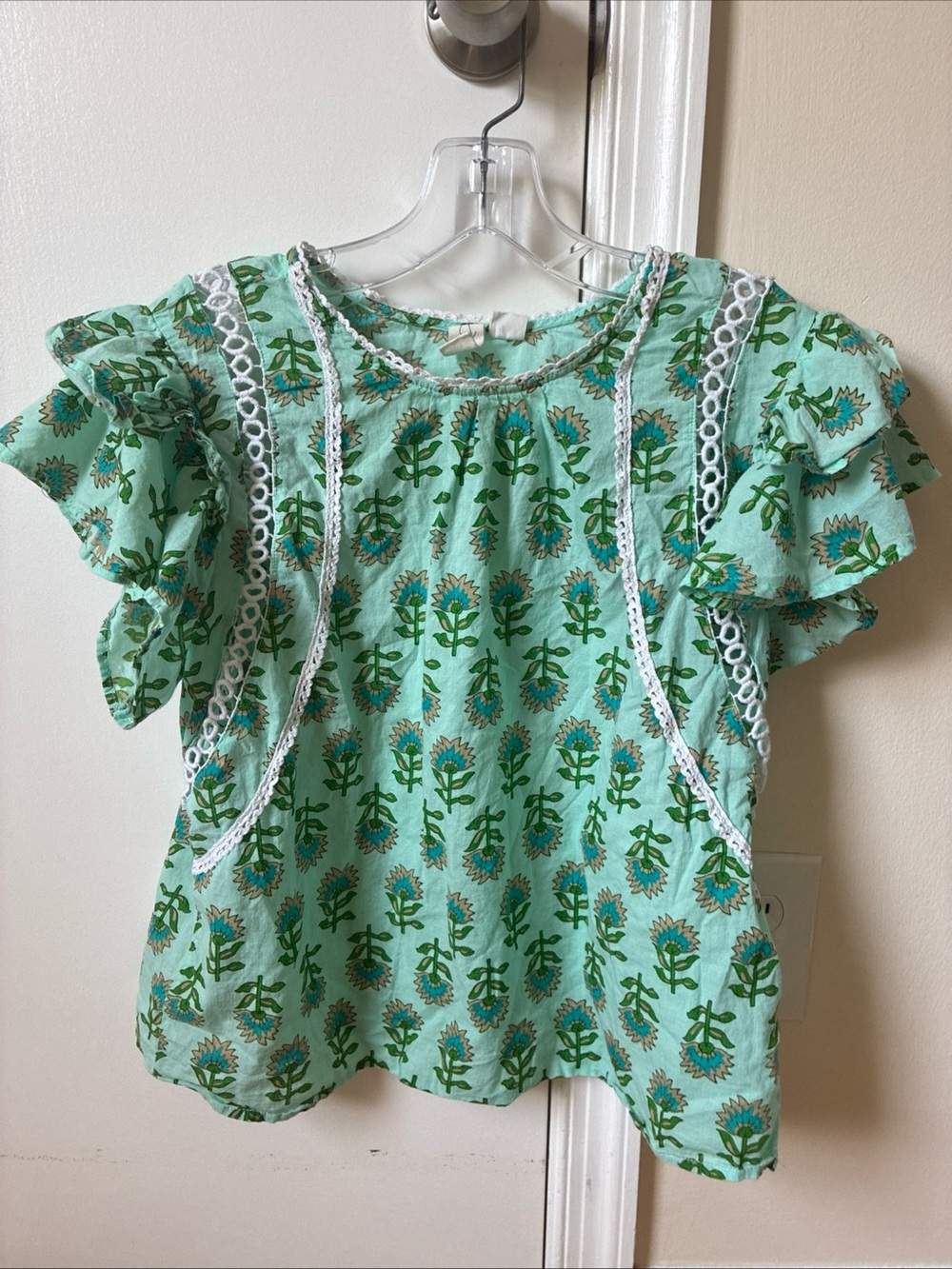 Joie Mint Floral Ruffle Sleeve Blouse with White Ladder Lace Trim, size M
